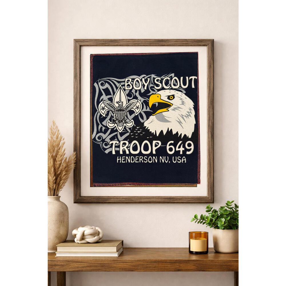 two face threads boy scouts smalls patch wall art decor custom upcycled 11x13